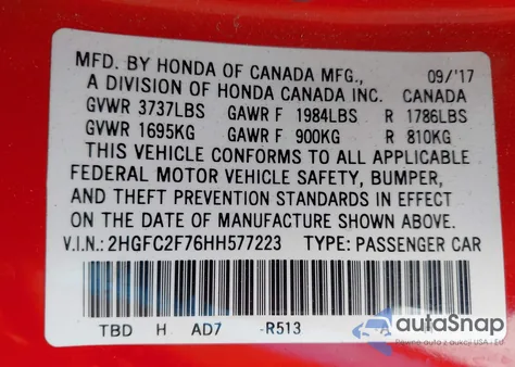 2017 Honda Civic Ex z USA, uszkodzony, nr VIN 2HGFC2F76HH577223